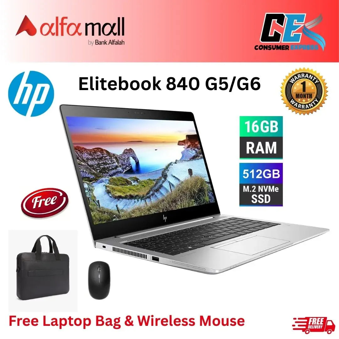 HP Elitebook 840 G5/G6 Core i5 8th Gen 16GB Ram 512GB SSD 14inch Display Free Bag & Mouse