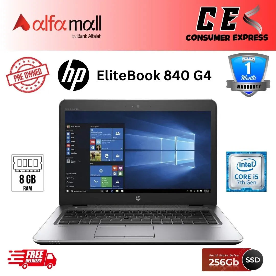 HP EliteBook 840 G4 Laptop Intel Core i57300U, 8GB RAM DDR4, 256GB SSD, Intel Graphics, 14" FHD Display, Fingerprint Reader, Windows 10 Pro, Backlit KB (Preowned)