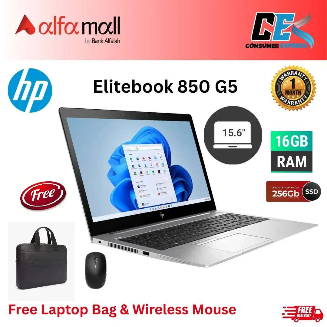 HP Elitebook 850 G5 Core i5 8th Gen 16GB Ram 256GB SSD 15.6inch Display Free Bag & Mouse