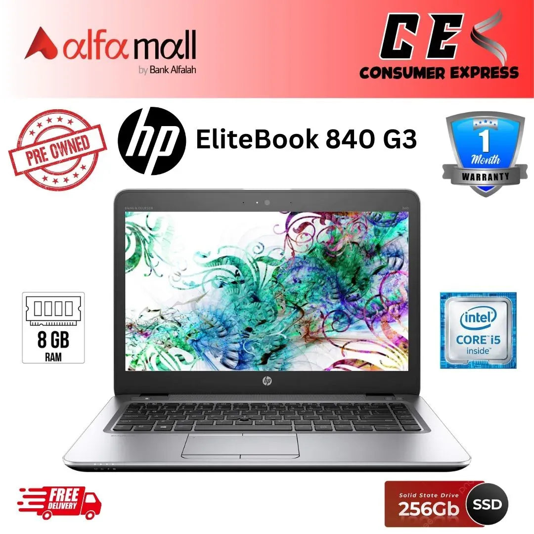 HP EliteBook 840 G3 Laptop 14inch HD Display, Intel Core i56200U 2.3Ghz, 256GB SSD, 8GB DDR4 RAM, Webcam, WiFi, Windows 10 Pro With Free Bag & Mouse (Preowned)
