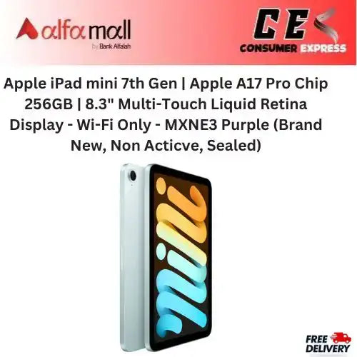 Apple iPad mini 7th Gen | Apple A17 Pro Chip 256GB | 8.3" Multi-Touch Liquid Retina Display - Wi-Fi Only - MXNE3 Purple (Brand New, Non Acticve, Sealed) -