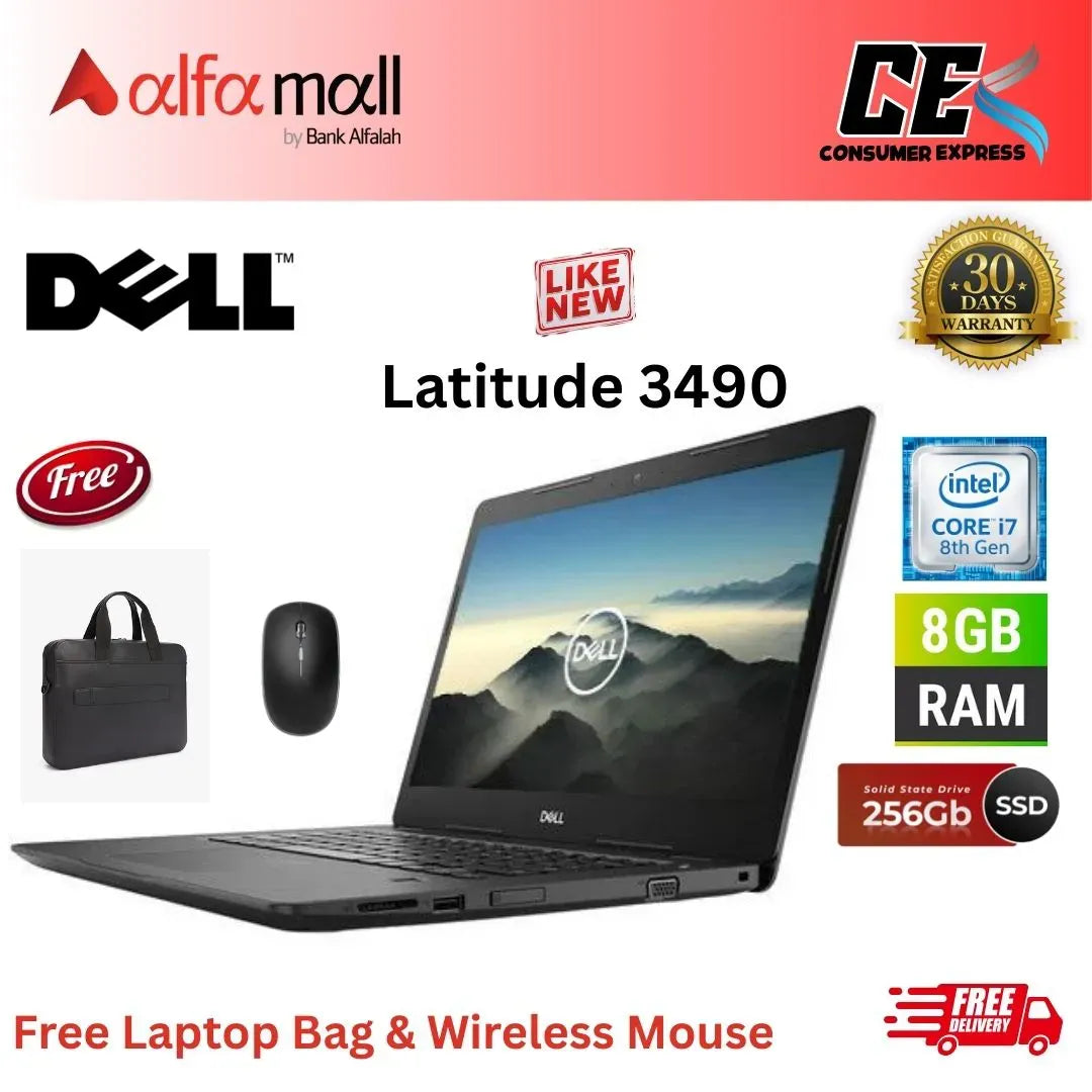 Dell Latitude 3490 ,Core i7 8th Gen, 8 GB RAM, 256 GB SSD, 14 Inch Display, Free Bag & Hp Wireless Mouse (Like New) - (Other Bank)