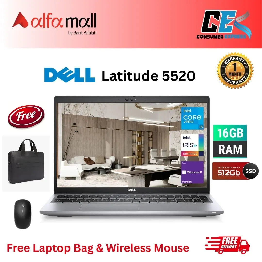 Dell Latitude 5520 , Intel Core i5 11th Gen, 512GB SSD, 16GB RAM, 15.6 Inch Display, Free Bag & Hp Wireless Mouse (Like New) - (Other Bank)