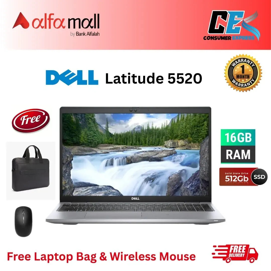 Dell Latitude 5520 ,Core i7-1165G7 11th Gen, 16GB RAM, 512GB SSD, 15.6" FHD Display, Free Bag & Hp Wireless Mouse (Like New) - (Other Bank)