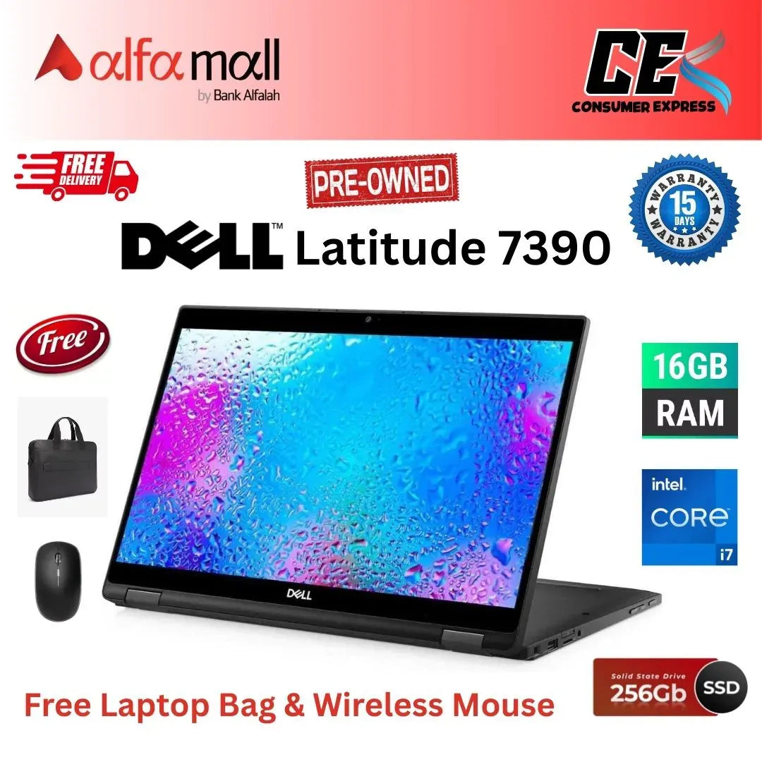 Dell Latitude 7390 2in1 , Intel Core 8th Gen i7-8650U, 16GB Ram, 256GB SSD, 13.3 Inch Touchscreen Display, Free Bag & Hp Wireless Mouse (Like New) - (Other Bank)