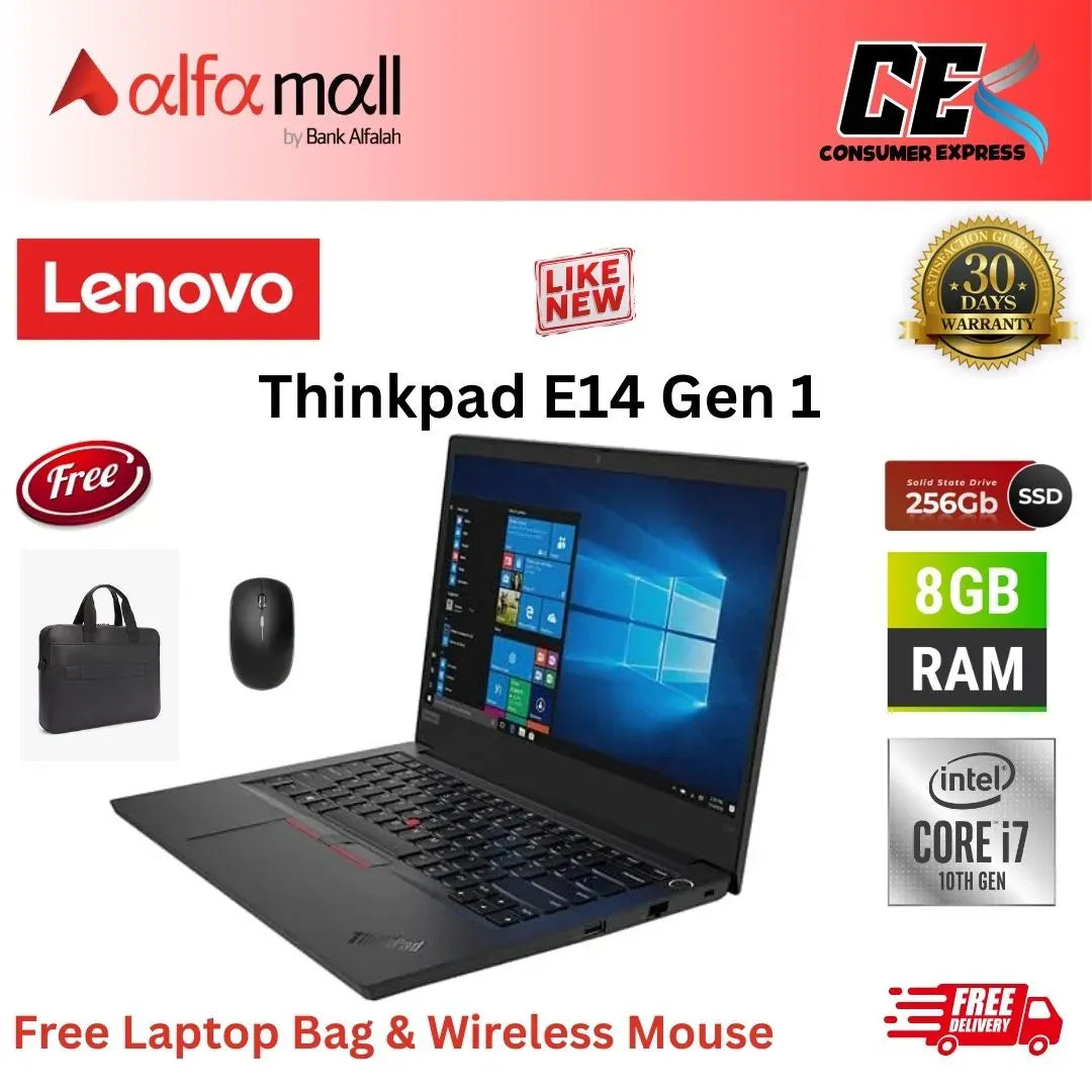 Lenovo ThinkPad E14 ,Core i7 10th Gen, 8GB RAM, 256GB SSD, 14 Inch Display, Free Bag & Hp Wireless Mouse (Like New) - (Other Bank)