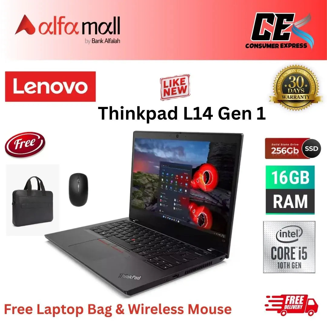 Lenovo ThinkPad L14 G1 ,Core i5 10th Gen, 8GB RAM, 256GB SSD, 14 Inch Display, Free Bag & Hp Wireless Mouse (Like New) - (Other Bank)
