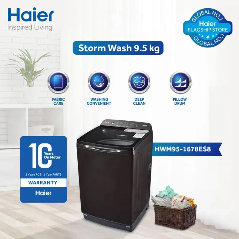 Haier Washing Machine HWM 9.5KG Capacity 951678ES8 3D Wash Series , 10 Years Motor Warranty ,American Style Panel