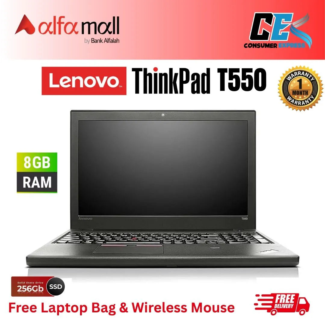 Lenovo ThinkPad T550 Core-i5-5th Gen 8GB RAM 256GB SSD 15.6-Inch Display (Like New) - Free Bag & HP Wireless Mouse