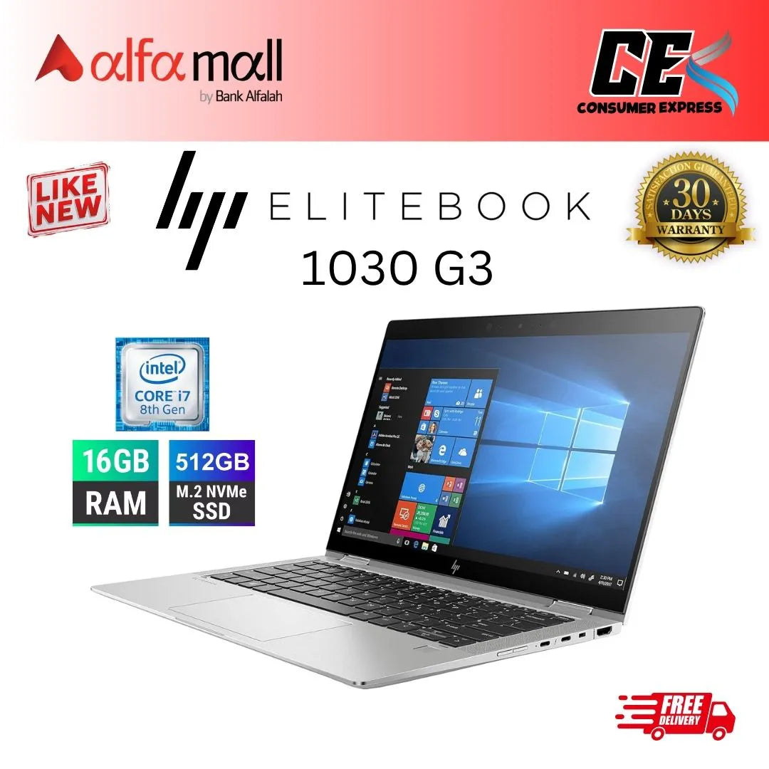 HP EliteBook 1030 G3 X360 Core i7 8th Gen 16GB Ram 512GB SSD 13.3 Inch Touchscreen Display (Like New) - Free Bag & HP Wireless Mouse