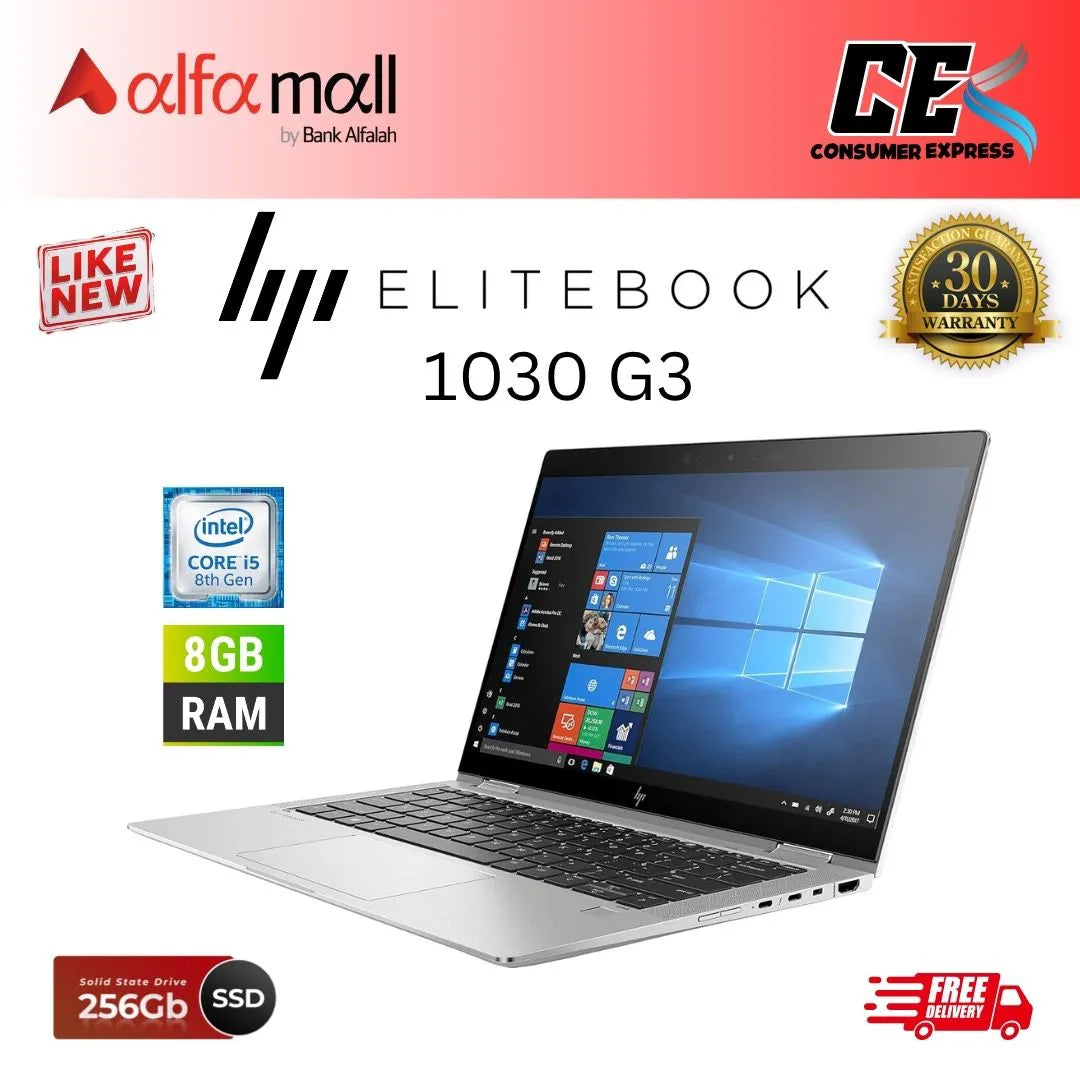 HP EliteBook 1030 G3 X360 Core i5 8th Gen 8GB Ram 256GB SSD 13.3 Inch Touchscreen Display (Like New) - Free Bag & HP Wireless Mouse
