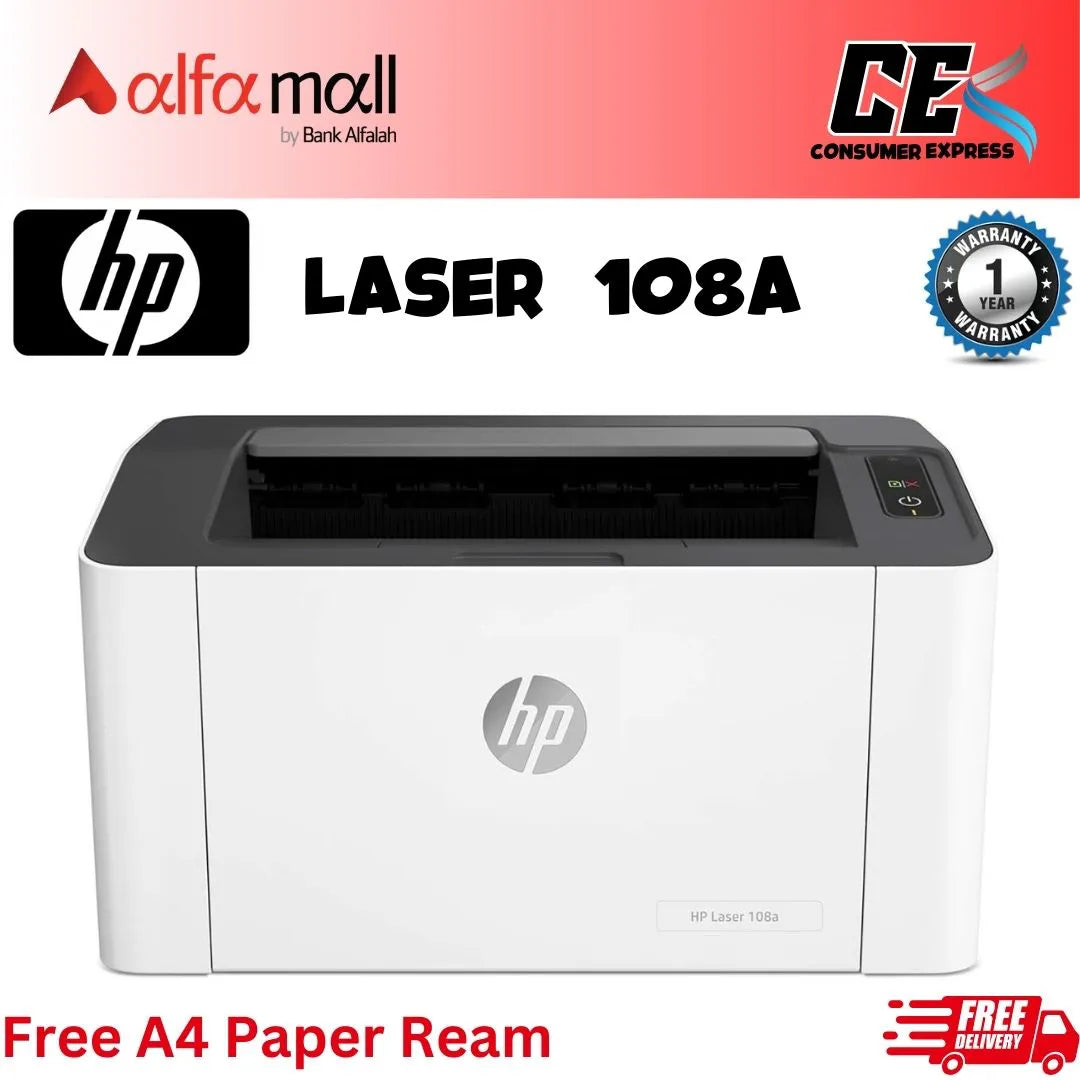 HP , Laser 108a Printer (4ZB79A) , Black And White , Brand New , 1 Year Warranty (Free A4 Paper Ream)