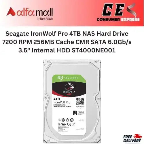 Seagate IronWolf Pro 4TB NAS Hard Drive 7200 RPM 256MB Cache CMR SATA 6.0Gb/s 3.5" Internal HDD ST4000NE001