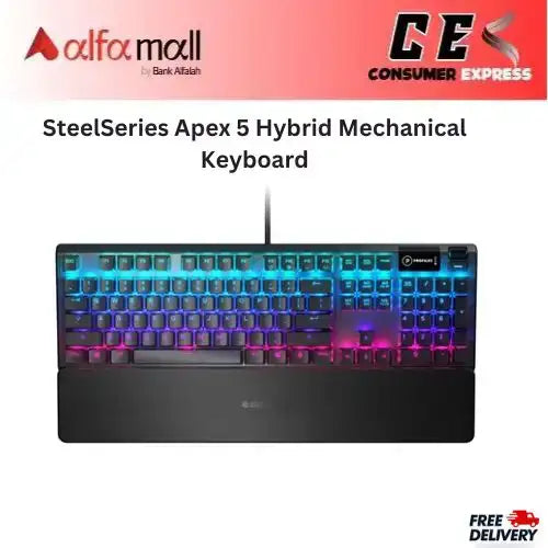 SteelSeries Apex 5 Hybrid Mechanical RGB Gaming Keyboard - 64532 - Hybrid Blue Switch - OLED Smart Display - US English