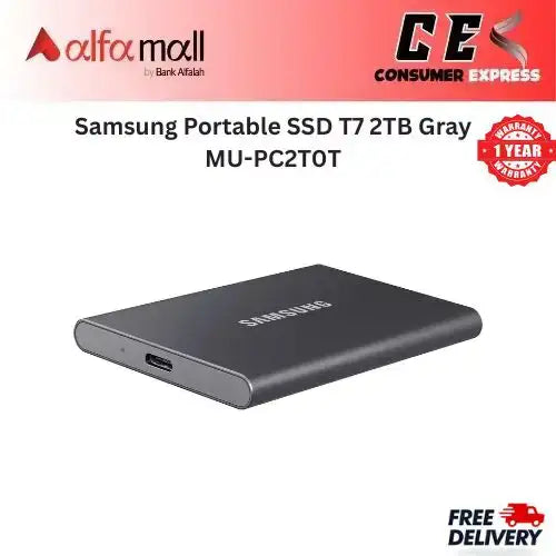 Samsung Portable SSD T7 2TB Gray MUPC2T0T/WW USB 3.2 Gen.2 Up to 1,050MB/s Shock Resistant Thermal Ctrol 1 Year Warranty