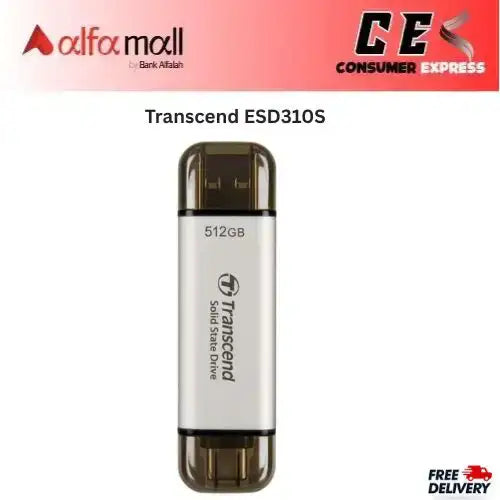 Transcend ESD310S 512GB Portable SSD Dual USB 10GBps TypeA / TypeC Silver TS512GESD310S Up to 1,050 MB/s