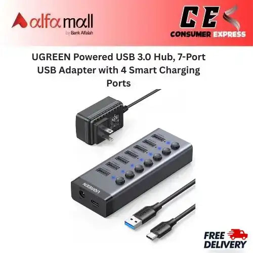 UGREEN Powered USB 3.0 Hub, 7Port USB Adapter with 4 Smart Charging Ports €“ 90307