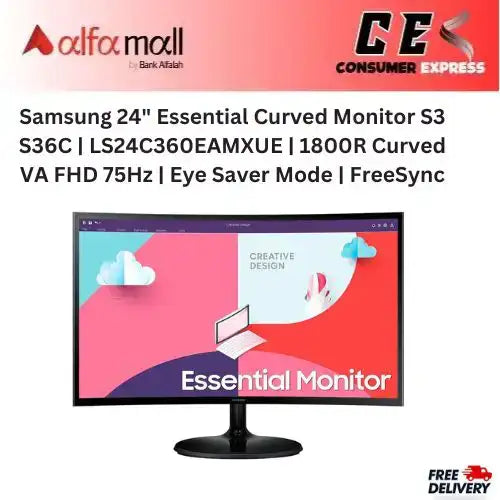 Samsung 24" Essential Curved Monitor S3 S36C | LS24C360EAMXUE | 1800R Curved VA FHD 75Hz | Eye Saver Mode | FreeSync