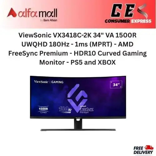 ViewSic VX3418C2K 34" VA 1500R UWQHD 180Hz 1ms (MPRT) AMD FreeSync Premium HDR10 Curved Gaming Mitor PS5 and XBOX