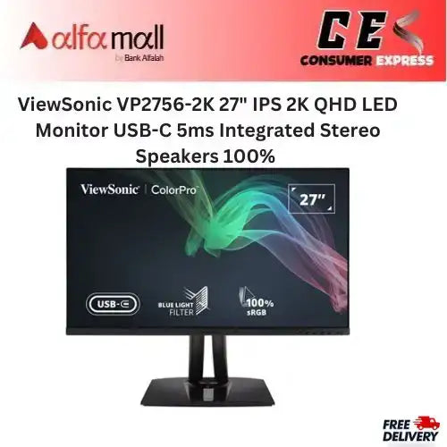 ViewSonic VP2756-2K 27" IPS 2K QHD LED Monitor USB-C 5ms Integrated Stereo Speakers 100% sRGB - Factory Pre-Calibrated