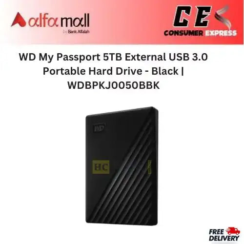 WD My Passport 5TB External USB 3.0 Portable Hard Drive - Black | WDBPKJ0050BBK