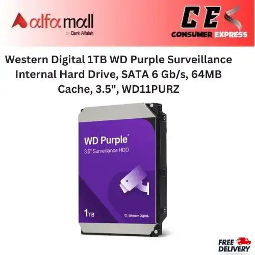 Western Digital 1TB WD Purple Surveillance Internal Hard Drive, SATA 6 Gb/s, 64MB Cache, 3.5", WD11PURZ