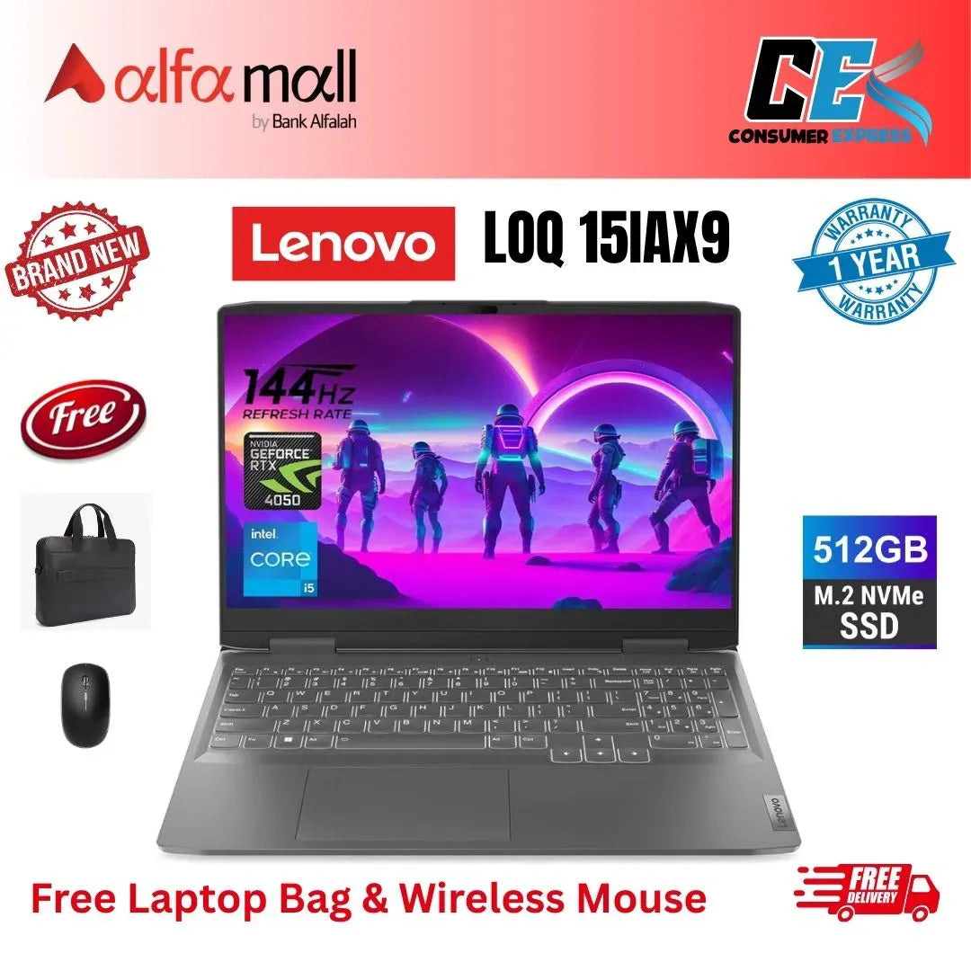 Lenovo LOQ 15IAX9 Gaming Laptop Intel Core i512450HX 24GB Memory 512GB SSD, NVIDIA GeForce RTX 4050 6GB (New, 1Yr Internial Warranty) Free Bag & Mouse