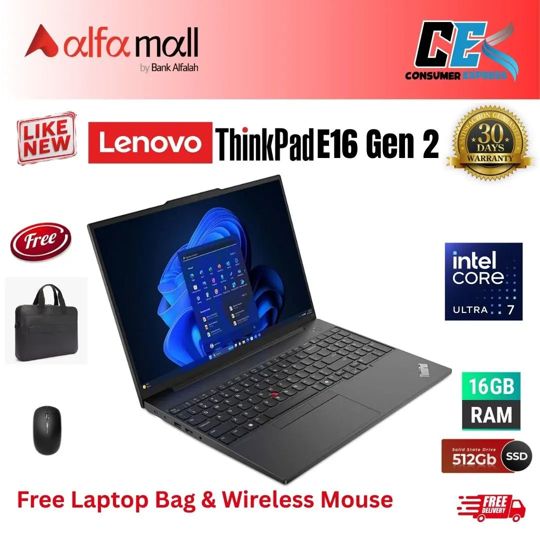 Lenovo ThinkPad E16 Gen 2 Intel Core Ultra 7 155H 1x 16GB DDR5 512GB SSD NVMe 16 Inch WUXGA (1920Ã—1200) IPS 300nits Anti glare Backlit, English (EU) DOS – Black 1 Year Warranty NEW