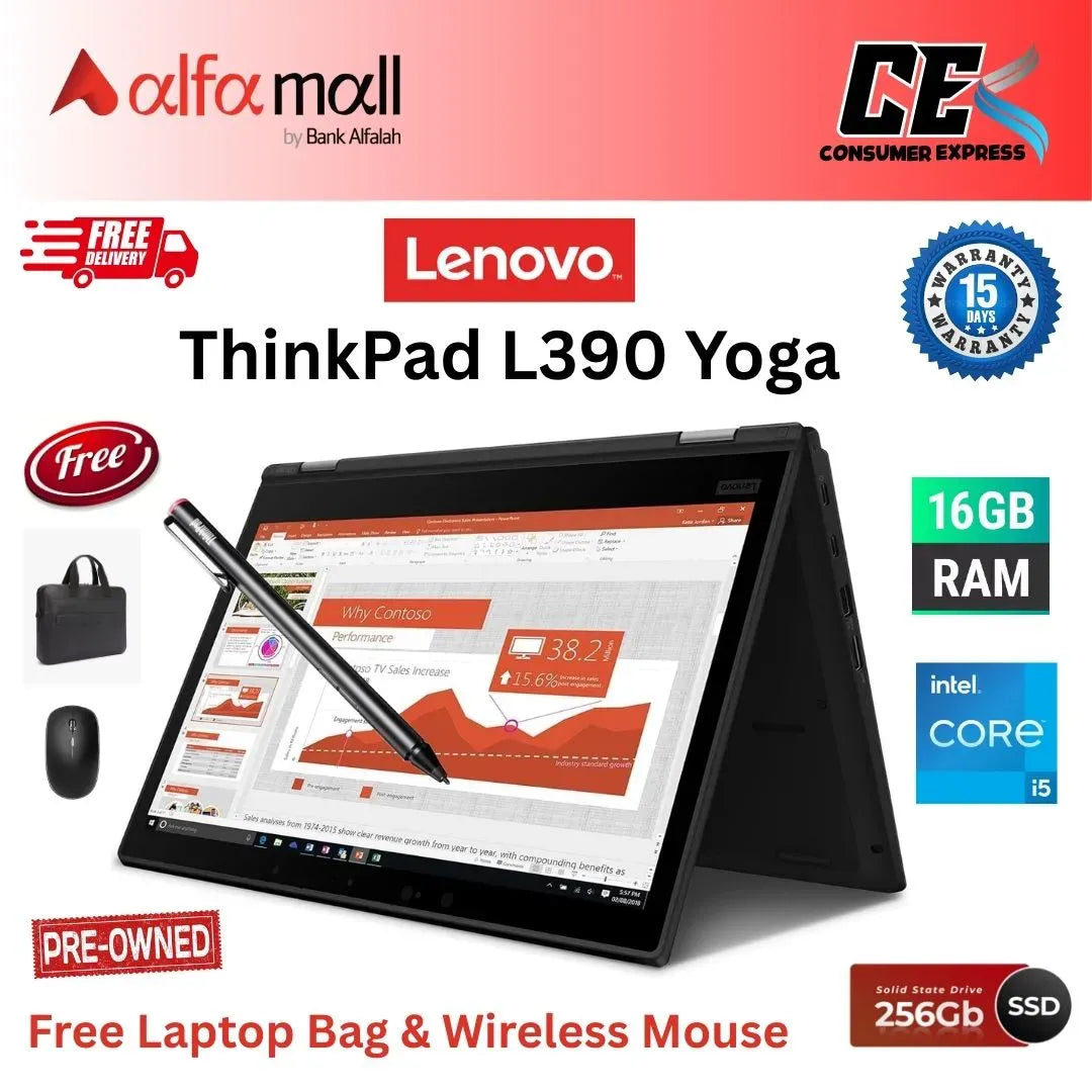 Lenovo ThinkPad L390 Yoga X360 Touch Screen Business Laptop Intel Core i58365U, 16GB Ram DDR4, 256GB SSD, 13.3" FHD Display, Webcam Free Bag & Mouse (Like New)
