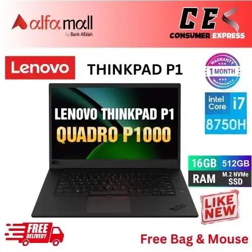 Lenovo ThinkPad P1 Worksti, 15.6in FHD, 8th Gen Intel Core i78750H 6 core, 16GB RAM, 512GB SSD Quadro 4GB P1000 (Like New) Free Bag & Mouse