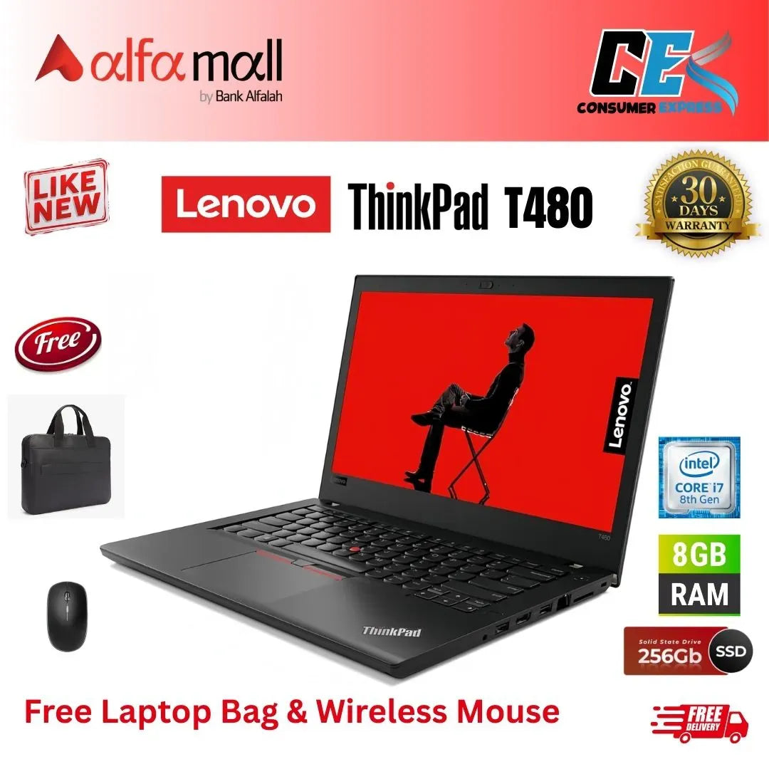 Lenovo ThinkPad T480 Corei78th Gen 8GB RAM 256GB SSD 14 Inch Display (Like New) Free Laptop Bag & Mouse