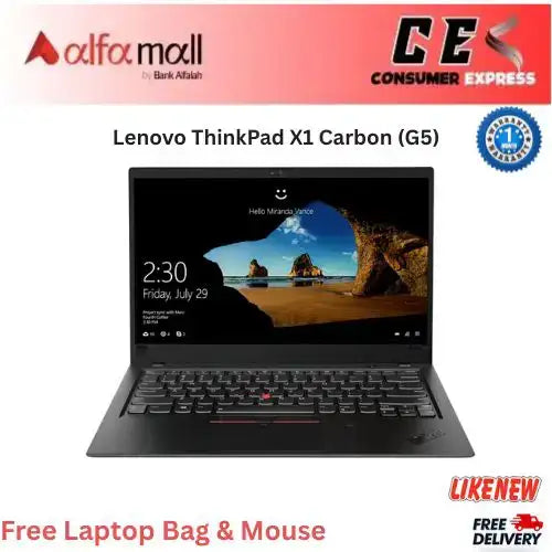 Lenovo ThinkPad X1 Carbon (G5) Core i7 6th Gen, 8GB RAM, 256GB SSD, 14Inch FHD Display (Like New) Free Bag & Mouse