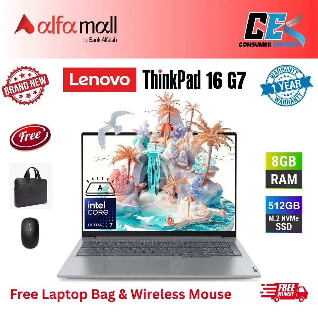 Lenovo Thinkbook 16 G7 Intel Core Ultra 7155H, 8GB DDR5, 512GB SSD, Intel Arc Graphics, 16" WUXGA IPS 60Hz, DOS, Arctic Grey (New, Official Warranty) Free Bag & Mouse