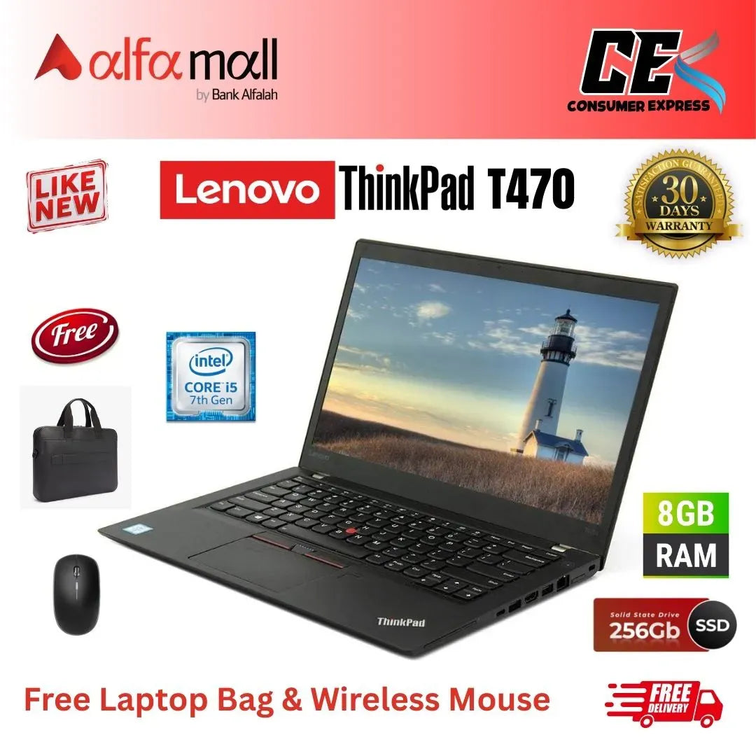 Lenovo Thinkpad T470 Laptop Core i5 7th Generi 8GB Ram 256GB SSD 14 Inch HD (Like New) Free Bag & Mouse )