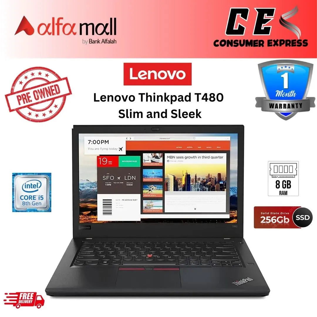Lenovo Thinkpad T480 Intel Core i58th Gen, 8GB DDR42400 RAM, 256GB SSD PCIe NVMe Storage, 14.1 FHD, antiglare Display, Webcam, Wifi Free Bag & Mouse (Like New)
