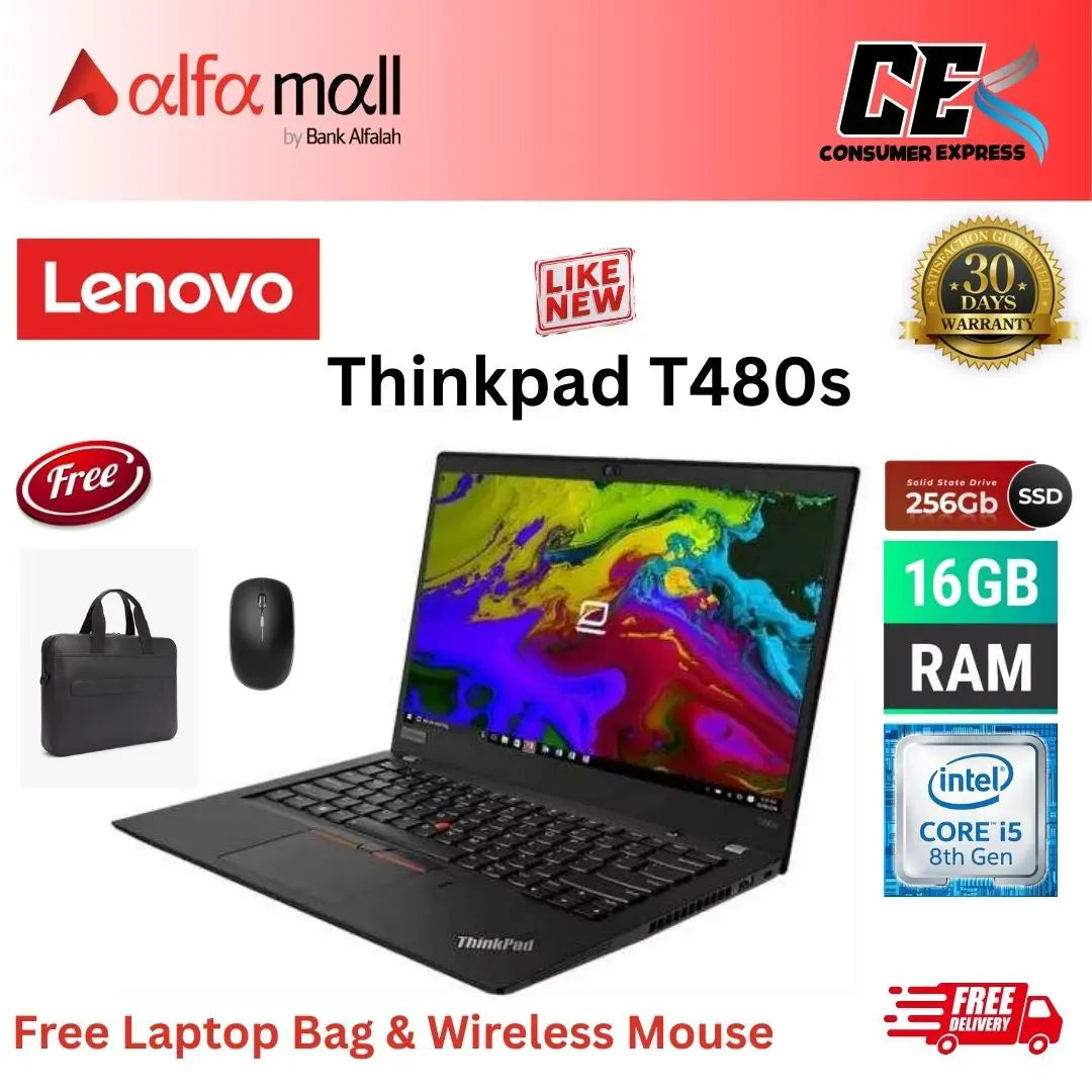 Lenovo Thinkpad T480s 8th Gen intel Core i58250U, 16GB DDR4 RAM, 256GB SSD , 14.1" FHD, Webcam, Wifi, TypeC Charger (Like New) Free Bag & Mouse