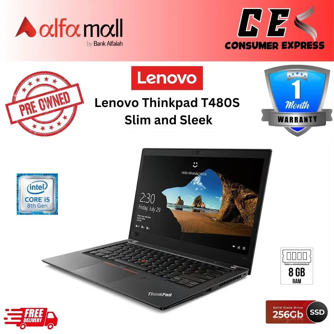 Lenovo Thinkpad T480s 8th Gen intel Core i58250U, 8GB DDR4 RAM, 256GB SSD , 14.1" FHD, Webcam, Wifi, TypeC Charger Free Bag & Mouse (Preowned)