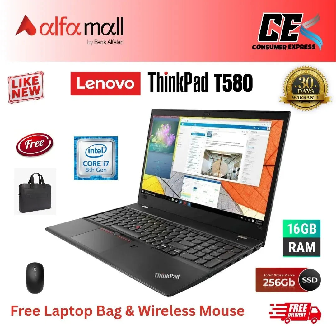Lenovo Thinkpad T580 Laptop Core i7 8th Generi 16GB Ram 256GB SSD 15.6 Inch Display (Like New) Free Bag & Mouse