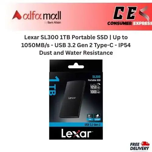 Lexar SL300 1TB Portable SSD Up to 1050MB/s USB 3.2 Gen 2 TypeC IP54 Dust and Wer Resistance