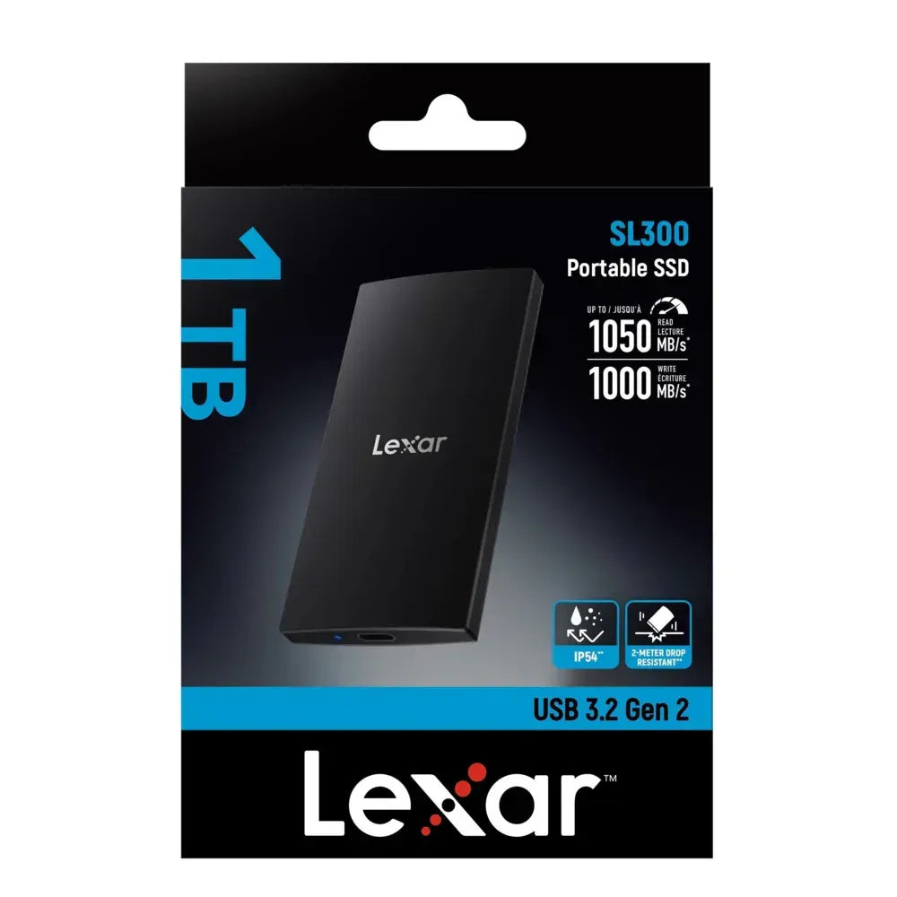 Lexar SL300 1TB Portable SSD – Up to 1050MB/s, USB & Type-C Cables Included, 2-Year Warranty (New) -