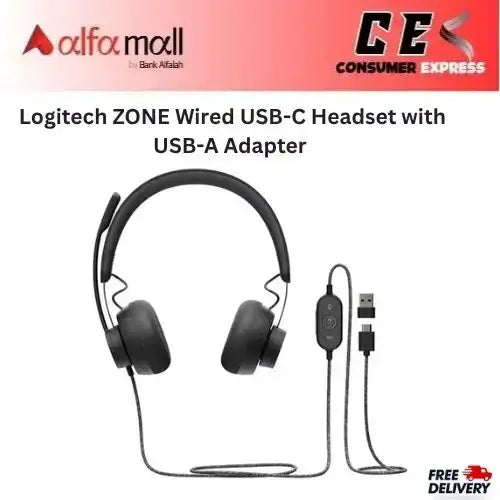 Logitech ZONE Wired USB-C Headset with USB-A Adapter -