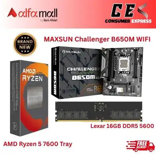 MAXSUN Challenger B650M WIFI + AMD Ryzen 5 7600 Tray + Lexar 16GB 5600MHZ DDR5 (Brand New, Official Warranty)