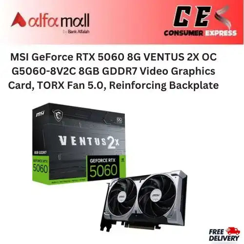 MSI GeForce RTX 5060 8G VENTUS 2X OC G5060-8V2C 8GB GDDR7 Video Graphics Card, TORX Fan 5.0, Reinforcing Backplate