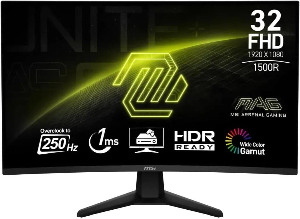 MSI MAG 32C6X 31.5inch 1920 x 1080 (FHD) Computer Mitor, 250Hz, AdaptiveSync, HDR Ready, HDMI, VGA Port, Display Port, VESA Mountable, Tilt, Speaker, 1ms, Black