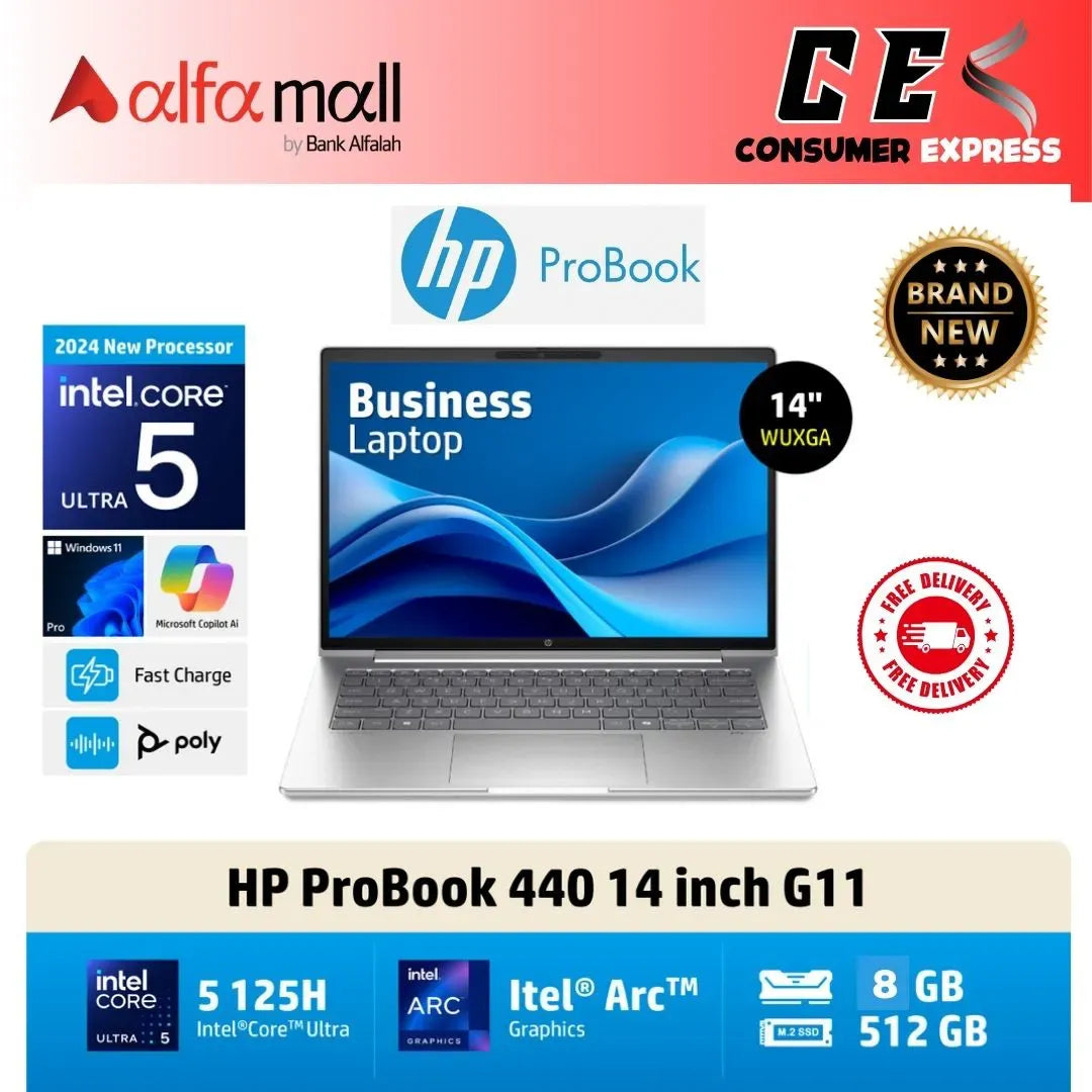 HP ProBook 440 G11 Notebook PC Intel Core Ultra 5 125U, 8GB DDR5, 512GB SSD, 14" WUXGA Display, Backlit KB NEW