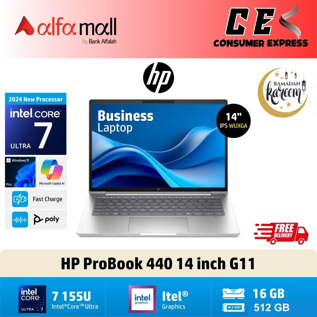 HP ProBook 440 G11 Notebook PC Intel Core Ultra 7 Processor 155U, 16GB, 512GB SSD, Backlit KB, 14 INCH WUXGA IPS (New)