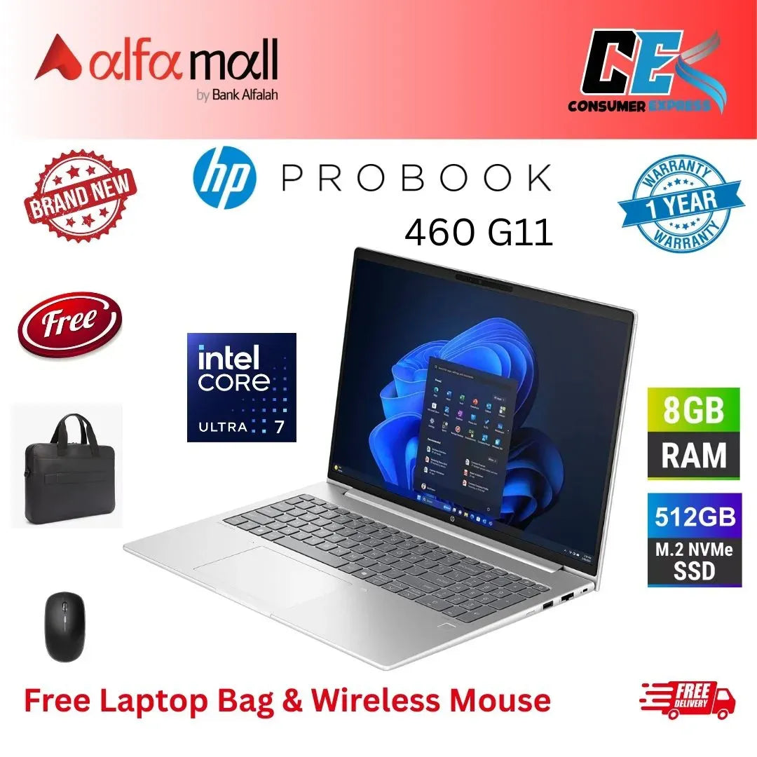 HP ProBook 460 G11 Core Ultra 7155u 8GB Ram 512GB Hard Drive NVMe SSD 16.1 Inch WUXGA IPS Free DOS Brand New 1 Year Warranty