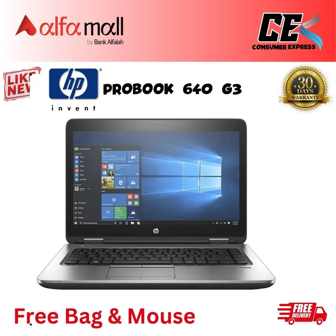 HP ProBook 640 G3 Corei5-7th Gen 8 GB RAM 256 GB SSD 14-Inch Display (Like New) - Free Bag & Mouse