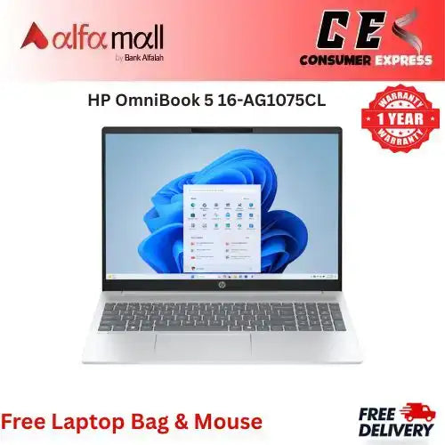 HP OmniBook 5 16AG1075CL Premium Copilot AI Business Laptop AMD Ryzen AI 7 350, 32GB DDR5 Ram, 1TB SSD, 16 Inches 2K (1920 x 1200),Touch Screen, Wifi 6, Backlit Keyboard, Windows 11 Pro (Glacier Silver) New Internial Warranty