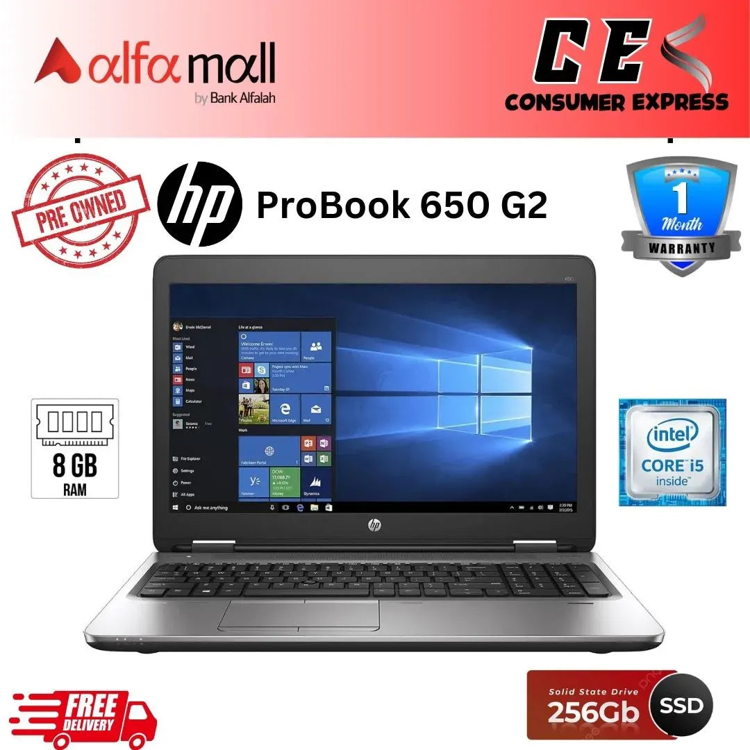 HP ProBook 650 G2 Business Notebook Intel i56200U, 8GB DDR4, 256GB SSD, DVDRW, WiFi+Bluetooth, BacklitKeyboard, Webcam, 15.6" FullHD, Windows 10 Pro64 (Preowned)